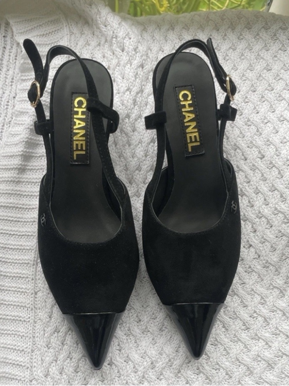 CHANEL Black Suede and Patent Pointed Toe Slingback Heels